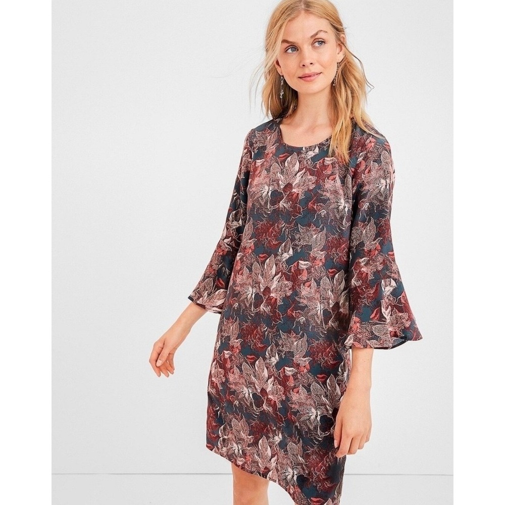 Garnet Hill Silk Floral Bell Sleeve‎ Shift Dress Wedding Guest NEW NWOT Size 4